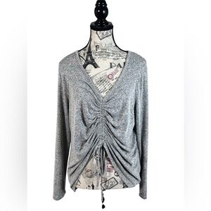 A New Day Chic Ruched Adjustable Front Tie Gray Long Sleeve Top Size Medium